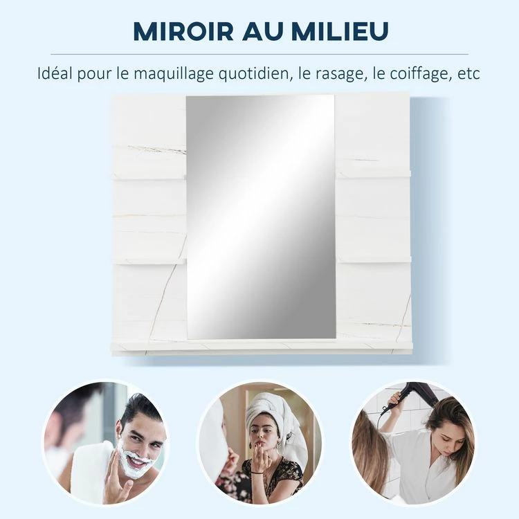 KLEANKIN Miroir De Salle De Bain Avec étagères - 4 étagères Latérales + Grande étagère Inférieure - Kit Installation Fourni - MDF Blanc Effet Marbre 6 KLEANKIN Miroir De Salle De Bain Avec étagères - 4 étagères Latérales + Grande étagère Inférieure - Kit Installation Fourni - MDF Blanc Effet Marbre – Image 6