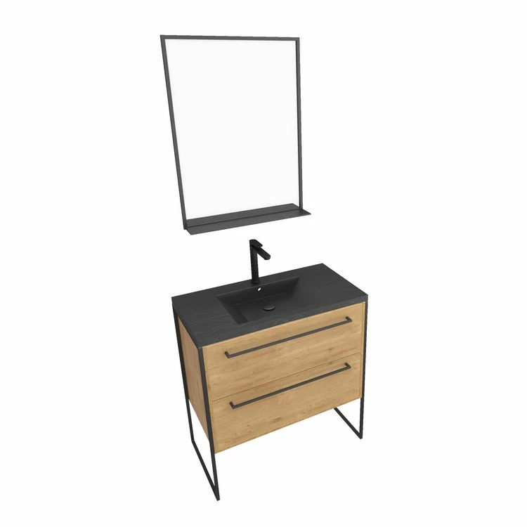 Aurlane Meuble De Salle De Bain 80x50cm - Tiroirs Chêne Brun - Vasque Résine Noire Effet Pierre - Miroir 3 Aurlane Meuble De Salle De Bain 80x50cm - Tiroirs Chêne Brun - Vasque Résine Noire Effet Pierre - Miroir – Image 3
