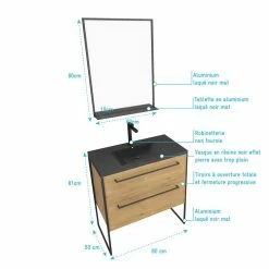 Aurlane Meuble De Salle De Bain 80x50cm - Tiroirs Chêne Brun - Vasque Résine Noire Effet Pierre - Miroir 8 Aurlane Meuble De Salle De Bain 80x50cm - Tiroirs Chêne Brun - Vasque Résine Noire Effet Pierre - Miroir -Paris Prix boutique B2CD 1505