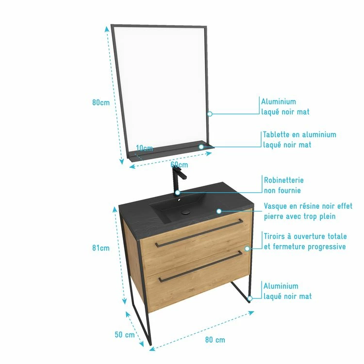Aurlane Meuble De Salle De Bain 80x50cm - Tiroirs Chêne Brun - Vasque Résine Noire Effet Pierre - Miroir 4 Aurlane Meuble De Salle De Bain 80x50cm - Tiroirs Chêne Brun - Vasque Résine Noire Effet Pierre - Miroir – Image 4