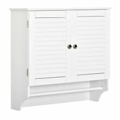 KLEANKIN Armoire Haute Murale Salle De Bain Ou WC - Placard 2 Portes Persiennes Avec étagère - Porte-serviette - MDF Blanc