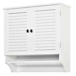 KLEANKIN Armoire Haute Murale Salle De Bain Ou WC - Placard 2 Portes Persiennes Avec étagère - Porte-serviette - MDF Blanc -Paris Prix boutique B2CD 1515