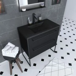Aurlane Meuble De Salle De Bain 80x50cm - 2 Tiroirs - Vasque Résine Noire Effet Pierre - STRUCTURA F051