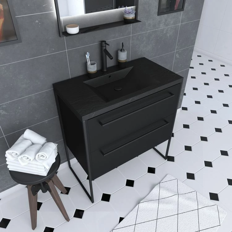Aurlane Meuble De Salle De Bain 80x50cm - 2 Tiroirs - Vasque Résine Noire Effet Pierre - STRUCTURA F051 1 Aurlane Meuble De Salle De Bain 80x50cm - 2 Tiroirs - Vasque Résine Noire Effet Pierre - STRUCTURA F051