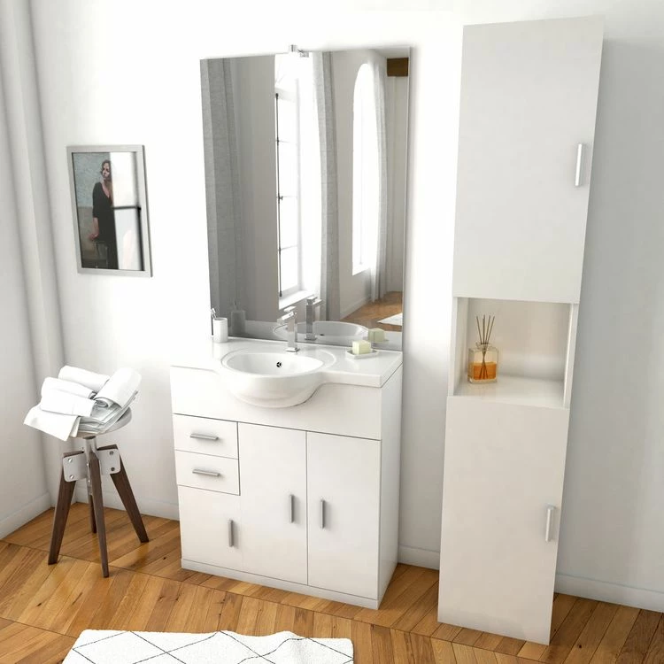 Aurlane Ensemble De Salle De Bain Blanc 80cm + Vasque En Céramique Blanche + Miroir LED + Colonne 2 Portes 1 Aurlane Ensemble De Salle De Bain Blanc 80cm + Vasque En Céramique Blanche + Miroir LED + Colonne 2 Portes