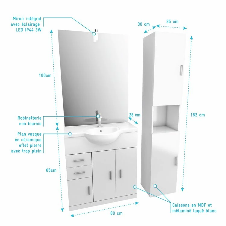 Aurlane Ensemble De Salle De Bain Blanc 80cm + Vasque En Céramique Blanche + Miroir LED + Colonne 2 Portes 4 Aurlane Ensemble De Salle De Bain Blanc 80cm + Vasque En Céramique Blanche + Miroir LED + Colonne 2 Portes – Image 4