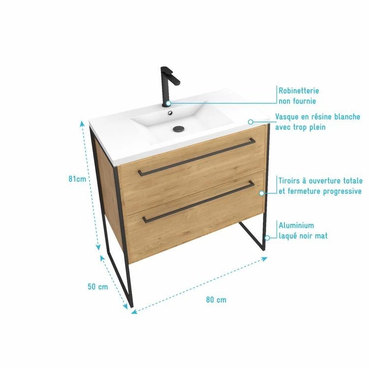 Aurlane Meuble De Salle De Bain 80x50cm - Vasque Blanche 80x50cm - 2 Tiroirs Finition Chêne Naturel 4 Aurlane Meuble De Salle De Bain 80x50cm - Vasque Blanche 80x50cm - 2 Tiroirs Finition Chêne Naturel – Image 4