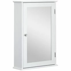 KLEANKIN Armoire Murale De Salle De Bain Avec Miroir - Armoire à Glace - Placard De Rangement Toilettes - 1 Porte, 2 étagères - Verre MDF Blanc