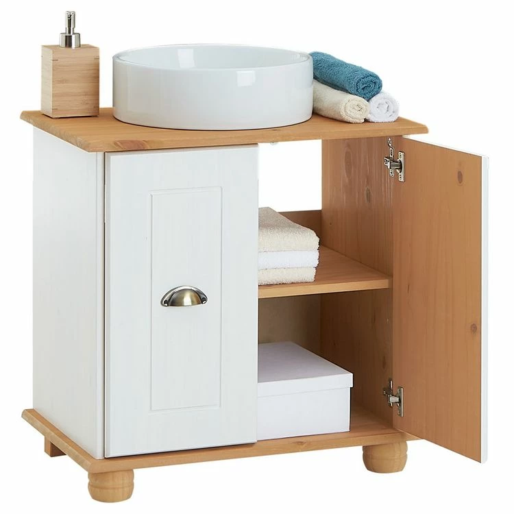 IDIMEX Meuble Sous Lavabo COLMAR Meuble De Rangement Salle De Bain, Meuble Sous Vasque Avec 2 Portes, En Pin Massif Lasuré Blanc Et Brun 3 IDIMEX Meuble Sous Lavabo COLMAR Meuble De Rangement Salle De Bain, Meuble Sous Vasque Avec 2 Portes, En Pin Massif Lasuré Blanc Et Brun – Image 3