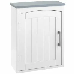 KLEANKIN Armoire Haute Murale De Salle De Bain Ou WC - Placard Porte Avec étagère Réglable - Dim. 41L X 18l X 52H Cm - MDF Blanc Gris