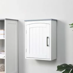 KLEANKIN Armoire Haute Murale De Salle De Bain Ou WC - Placard Porte Avec étagère Réglable - Dim. 41L X 18l X 52H Cm - MDF Blanc Gris -Paris Prix boutique B2CD 1589