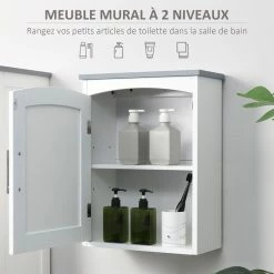 KLEANKIN Armoire Haute Murale De Salle De Bain Ou WC - Placard Porte Avec étagère Réglable - Dim. 41L X 18l X 52H Cm - MDF Blanc Gris -Paris Prix boutique B2CD 1590