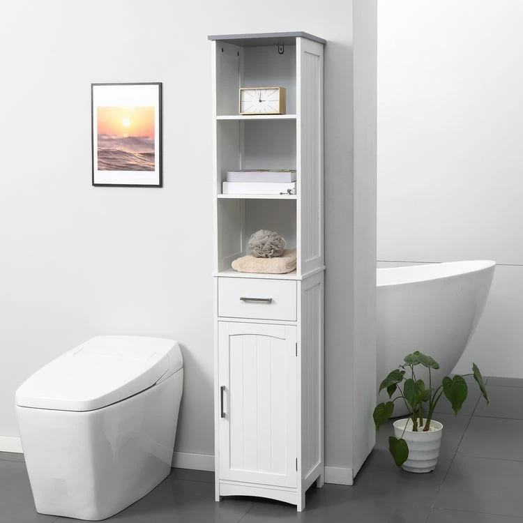 KLEANKIN Meuble Colonne Salle De Bain - 3 Niches, Placard Porte étagère, Tiroir - MDF Blanc Gris 2 KLEANKIN Meuble Colonne Salle De Bain - 3 Niches, Placard Porte étagère, Tiroir - MDF Blanc Gris – Image 2