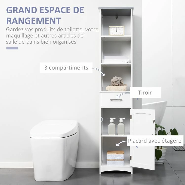 KLEANKIN Meuble Colonne Salle De Bain - 3 Niches, Placard Porte étagère, Tiroir - MDF Blanc Gris 3 KLEANKIN Meuble Colonne Salle De Bain - 3 Niches, Placard Porte étagère, Tiroir - MDF Blanc Gris – Image 3