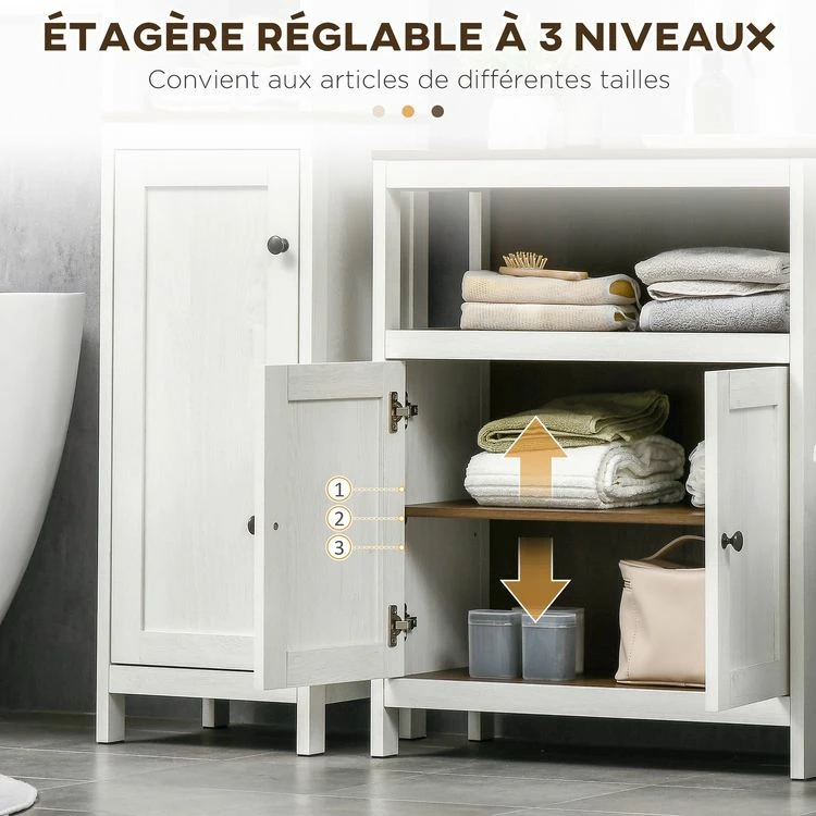 KLEANKIN Meuble Bas Salle De Bain Style Cosy Dim. 60L X 30l X 76H Cm 2 Portes 2 étagères Plateau Aspect Bois Blanc Effet Vieilli 6 KLEANKIN Meuble Bas Salle De Bain Style Cosy Dim. 60L X 30l X 76H Cm 2 Portes 2 étagères Plateau Aspect Bois Blanc Effet Vieilli – Image 6