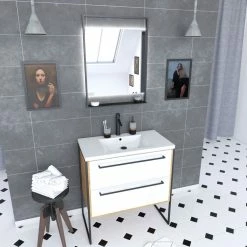 Aurlane Ensemble De Salle De Bain Blanc 80cm+ Vasque En Resine Blanche 80x50 + Tiroirs Blanc Mat + Mirroir