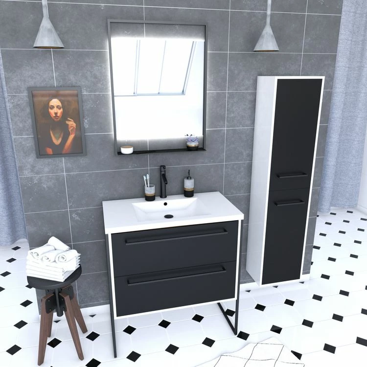 Aurlane Pack Meuble De Salle De Bain 80x50 NOIR - 2 Tiroirs + Vasque Resine Blanche + Miroir + Colonne 1 Aurlane Pack Meuble De Salle De Bain 80x50 NOIR - 2 Tiroirs + Vasque Resine Blanche + Miroir + Colonne