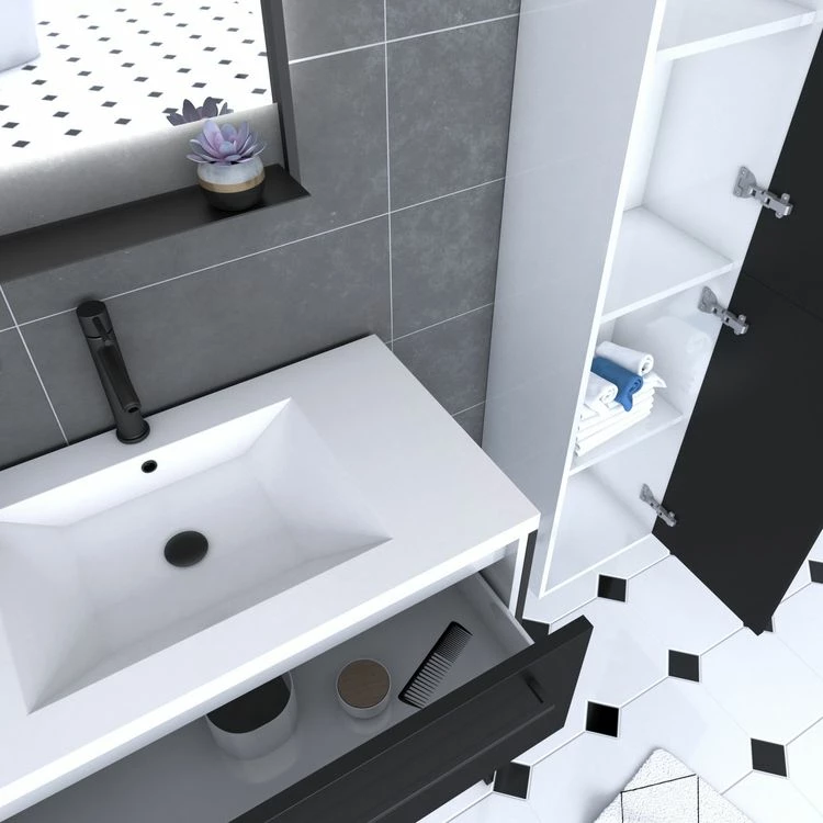 Aurlane Pack Meuble De Salle De Bain 80x50 NOIR - 2 Tiroirs + Vasque Resine Blanche + Miroir + Colonne 2 Aurlane Pack Meuble De Salle De Bain 80x50 NOIR - 2 Tiroirs + Vasque Resine Blanche + Miroir + Colonne – Image 2