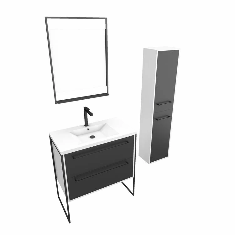 Aurlane Pack Meuble De Salle De Bain 80x50 NOIR - 2 Tiroirs + Vasque Resine Blanche + Miroir + Colonne 3 Aurlane Pack Meuble De Salle De Bain 80x50 NOIR - 2 Tiroirs + Vasque Resine Blanche + Miroir + Colonne – Image 3