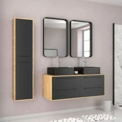 Aurlane Pack Meuble SDB 120cm Suspendu 4 Tiroirs_2 Vasques Noires Carrées + Miroirs + Colonne - UBY 120