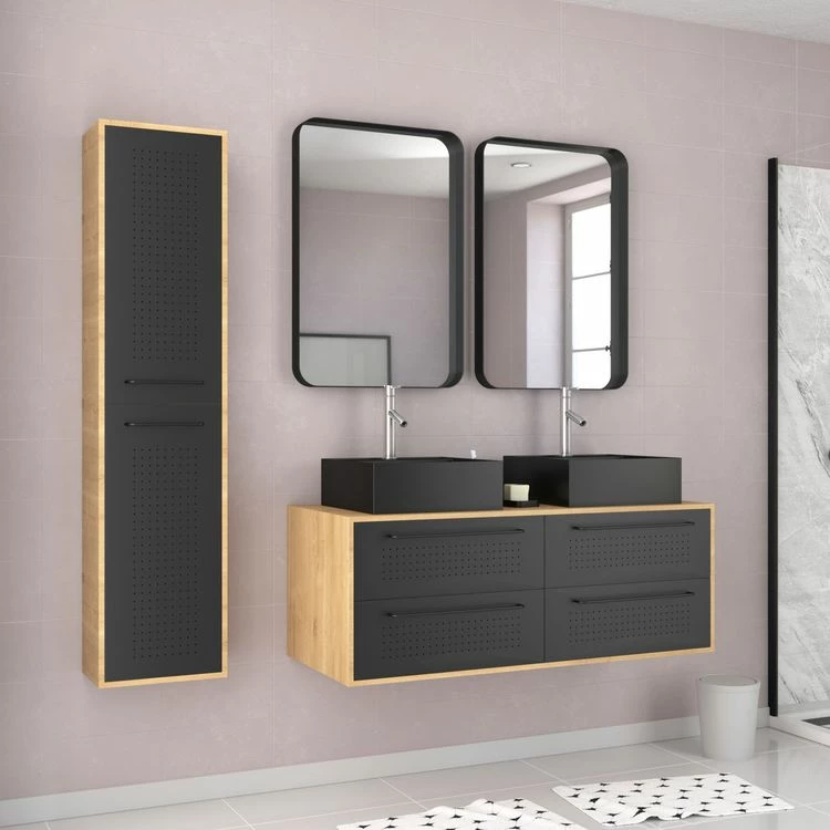 Aurlane Pack Meuble SDB 120cm Suspendu 4 Tiroirs_2 Vasques Noires Carrées + Miroirs + Colonne - UBY 120 1 Aurlane Pack Meuble SDB 120cm Suspendu 4 Tiroirs_2 Vasques Noires Carrées + Miroirs + Colonne - UBY 120