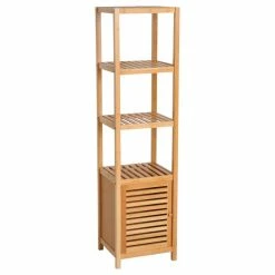 HOMCOM Meuble Colonne Rangement Salle De Bain Bambou Design Naturel 36L X 33l X 140H Cm 2 étagères 4 Niveaux + Placard