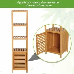 HOMCOM Meuble Colonne Rangement Salle De Bain Bambou Design Naturel 36L X 33l X 140H Cm 2 étagères 4 Niveaux + Placard -Paris Prix boutique B2CD 1687