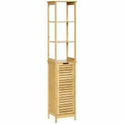 KLEANKIN Meuble Colonne Rangement Salle De Bain Style Cosy Dim. 34L X 30l X 173H Cm Porte à Lattes 3 étagères Bambou MDF Aspect Bois Clair