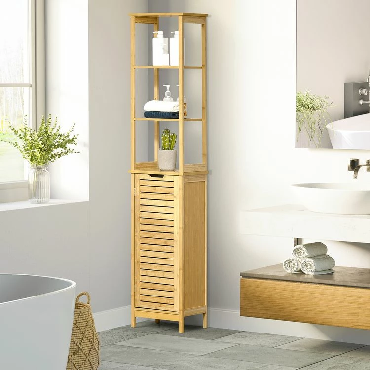 KLEANKIN Meuble Colonne Rangement Salle De Bain Style Cosy Dim. 34L X 30l X 173H Cm Porte à Lattes 3 étagères Bambou MDF Aspect Bois Clair 2 KLEANKIN Meuble Colonne Rangement Salle De Bain Style Cosy Dim. 34L X 30l X 173H Cm Porte à Lattes 3 étagères Bambou MDF Aspect Bois Clair – Image 2
