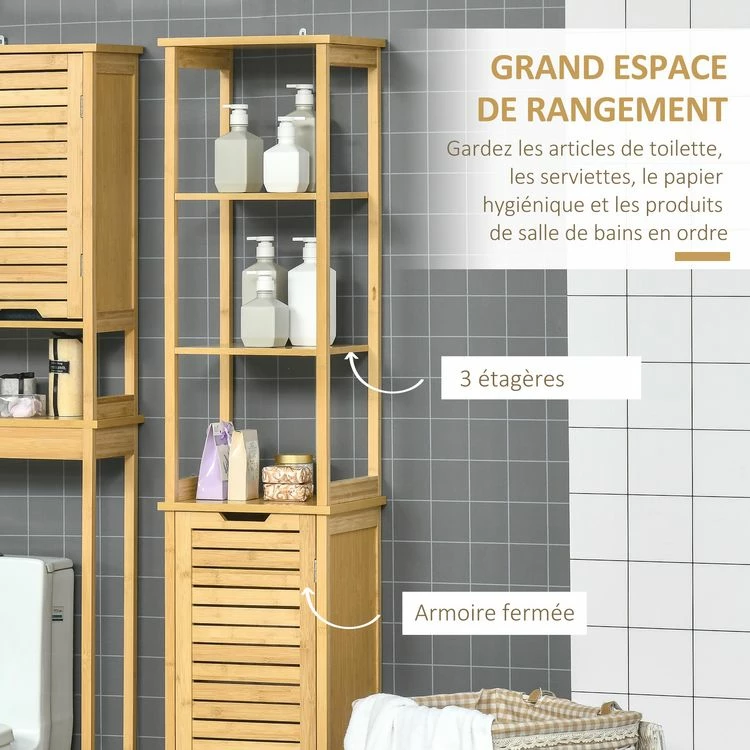 KLEANKIN Meuble Colonne Rangement Salle De Bain Style Cosy Dim. 34L X 30l X 173H Cm Porte à Lattes 3 étagères Bambou MDF Aspect Bois Clair 5 KLEANKIN Meuble Colonne Rangement Salle De Bain Style Cosy Dim. 34L X 30l X 173H Cm Porte à Lattes 3 étagères Bambou MDF Aspect Bois Clair – Image 5