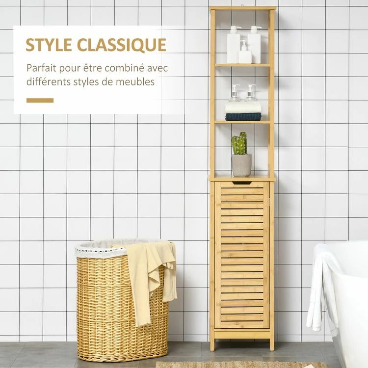 KLEANKIN Meuble Colonne Rangement Salle De Bain Style Cosy Dim. 34L X 30l X 173H Cm Porte à Lattes 3 étagères Bambou MDF Aspect Bois Clair 6 KLEANKIN Meuble Colonne Rangement Salle De Bain Style Cosy Dim. 34L X 30l X 173H Cm Porte à Lattes 3 étagères Bambou MDF Aspect Bois Clair – Image 6