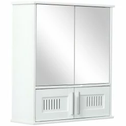 KLEANKIN Armoire Murale De Salle De Bain Avec Miroir - Armoire à Glace - Placard De Rangement Toilettes - 4 Portes, étagère - Verre MDF Blanc