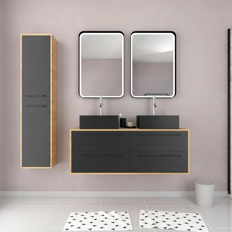 Aurlane Pack Meuble SDB 120cm Suspendu 4 Tiroirs_2 Vasques Noires Carrées + Miroirs Led + Colonne - UBY 120 2 Aurlane Pack Meuble SDB 120cm Suspendu 4 Tiroirs_2 Vasques Noires Carrées + Miroirs Led + Colonne - UBY 120 – Image 2