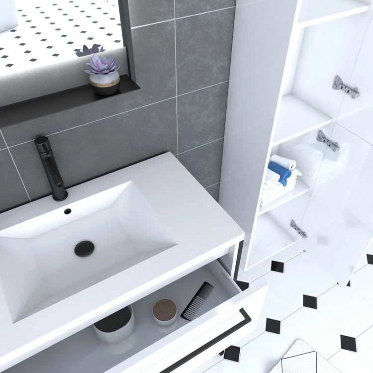 Aurlane Pack Meuble De Salle De Bain 80x50 Cm Blanc - 2 Tiroirs - Vasque Blanche - Miroir - Colonne Suspendu 2 Aurlane Pack Meuble De Salle De Bain 80x50 Cm Blanc - 2 Tiroirs - Vasque Blanche - Miroir - Colonne Suspendu – Image 2