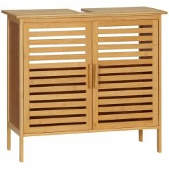 KLEANKIN Meuble Sous-vasque 2 Portes à Lattes - Dim. 66L X 29l X 61,5H Cm - Bois De Bambou Verni