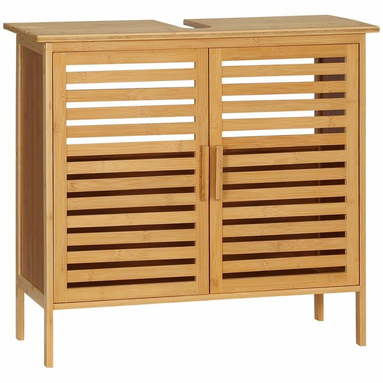 KLEANKIN Meuble Sous-vasque 2 Portes à Lattes - Dim. 66L X 29l X 61,5H Cm - Bois De Bambou Verni 1 KLEANKIN Meuble Sous-vasque 2 Portes à Lattes - Dim. 66L X 29l X 61,5H Cm - Bois De Bambou Verni