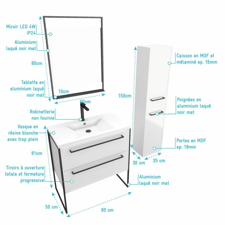 Aurlane Pack Meuble De Salle De Bain 80x50 Cm Blanc - 2 Tiroirs - Vasque Blanche - Miroir - Colonne Suspendu 4 Aurlane Pack Meuble De Salle De Bain 80x50 Cm Blanc - 2 Tiroirs - Vasque Blanche - Miroir - Colonne Suspendu – Image 4