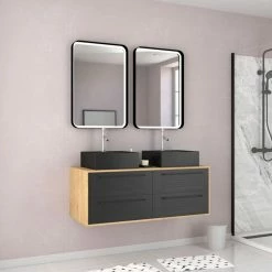 Aurlane Meuble De Salle De Bain - 120x45 + 2 Miroirs LED 80x45 + 2 Vasques Carrées Noire Mat - UBY 120