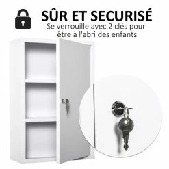 KLEANKIN Armoire à Pharmacie 2 étagères 3 Niveaux Verrouillable Dim. 40L X 18l X 60H Cm 2 Clés Métal Blanc -Paris Prix boutique B2CD 1761