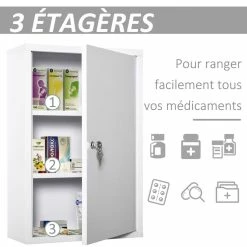 KLEANKIN Armoire à Pharmacie 2 étagères 3 Niveaux Verrouillable Dim. 40L X 18l X 60H Cm 2 Clés Métal Blanc -Paris Prix boutique B2CD 1762