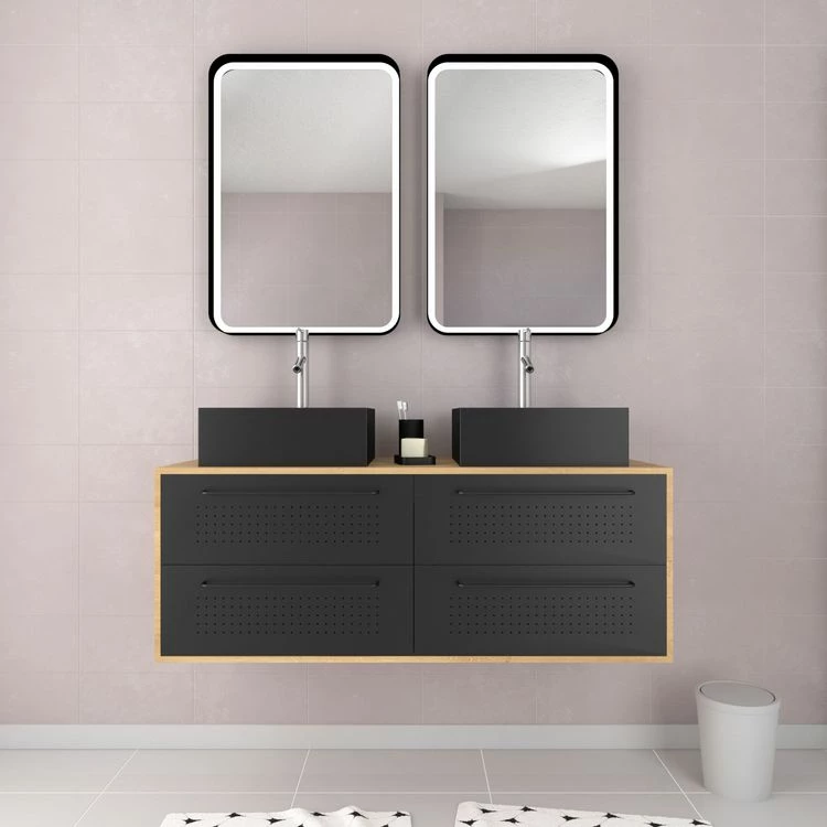 Aurlane Meuble De Salle De Bain - 120x45 + 2 Miroirs LED 80x45 + 2 Vasques Carrées Noire Mat - UBY 120 2 Aurlane Meuble De Salle De Bain - 120x45 + 2 Miroirs LED 80x45 + 2 Vasques Carrées Noire Mat - UBY 120 – Image 2