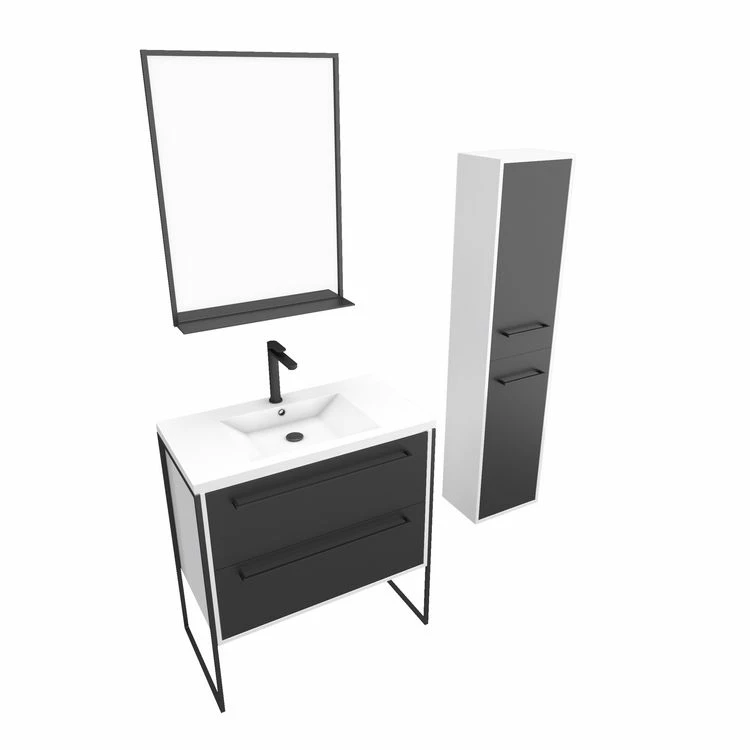 Aurlane Pack Meuble De Salle De Bain 80x50 Cm NOIR - Vasque Résine Blanche + Miroir Noir Mat + Colonne 3 Aurlane Pack Meuble De Salle De Bain 80x50 Cm NOIR - Vasque Résine Blanche + Miroir Noir Mat + Colonne – Image 3