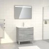 Aurlane Pack Meuble De Salle De Bain 80x50 Cm Chêne Gris-blanc + Vasque Verre Blanc + Miroir LED 80x60