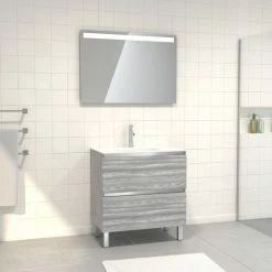 Aurlane Pack Meuble De Salle De Bain 80x50 Cm Chêne Gris-blanc + Vasque Verre Blanc + Miroir LED 80x60