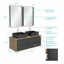 Aurlane Meuble De Salle De Bain - 120x45 + 2 Miroirs LED 80x45 + 2 Vasques Carrées Noire Mat - UBY 120 7 Aurlane Meuble De Salle De Bain - 120x45 + 2 Miroirs LED 80x45 + 2 Vasques Carrées Noire Mat - UBY 120 -Paris Prix boutique B2CD 179