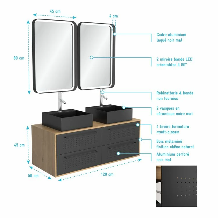 Aurlane Meuble De Salle De Bain - 120x45 + 2 Miroirs LED 80x45 + 2 Vasques Carrées Noire Mat - UBY 120 4 Aurlane Meuble De Salle De Bain - 120x45 + 2 Miroirs LED 80x45 + 2 Vasques Carrées Noire Mat - UBY 120 – Image 4