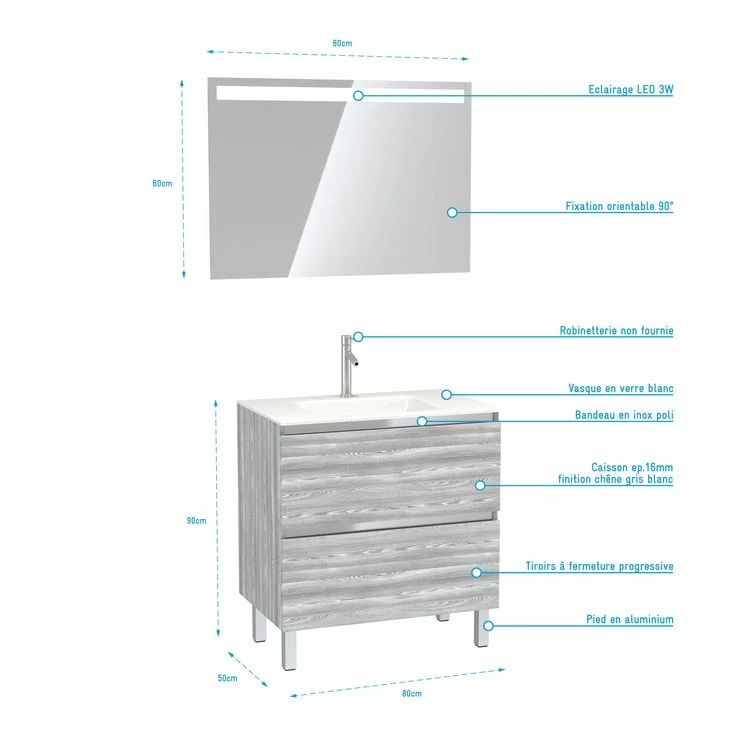 Aurlane Pack Meuble De Salle De Bain 80x50 Cm Chêne Gris-blanc + Vasque Verre Blanc + Miroir LED 80x60 4 Aurlane Pack Meuble De Salle De Bain 80x50 Cm Chêne Gris-blanc + Vasque Verre Blanc + Miroir LED 80x60 – Image 4