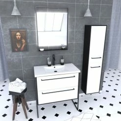Aurlane Ensemble De Salle De Bain Blanc 80cm+ Vasque Résine Blanche + Tiroirs Blanc Mat + Miroir + Colonne