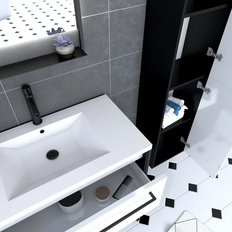 Aurlane Ensemble De Salle De Bain Blanc 80cm+ Vasque Résine Blanche + Tiroirs Blanc Mat + Miroir + Colonne 2 Aurlane Ensemble De Salle De Bain Blanc 80cm+ Vasque Résine Blanche + Tiroirs Blanc Mat + Miroir + Colonne – Image 2