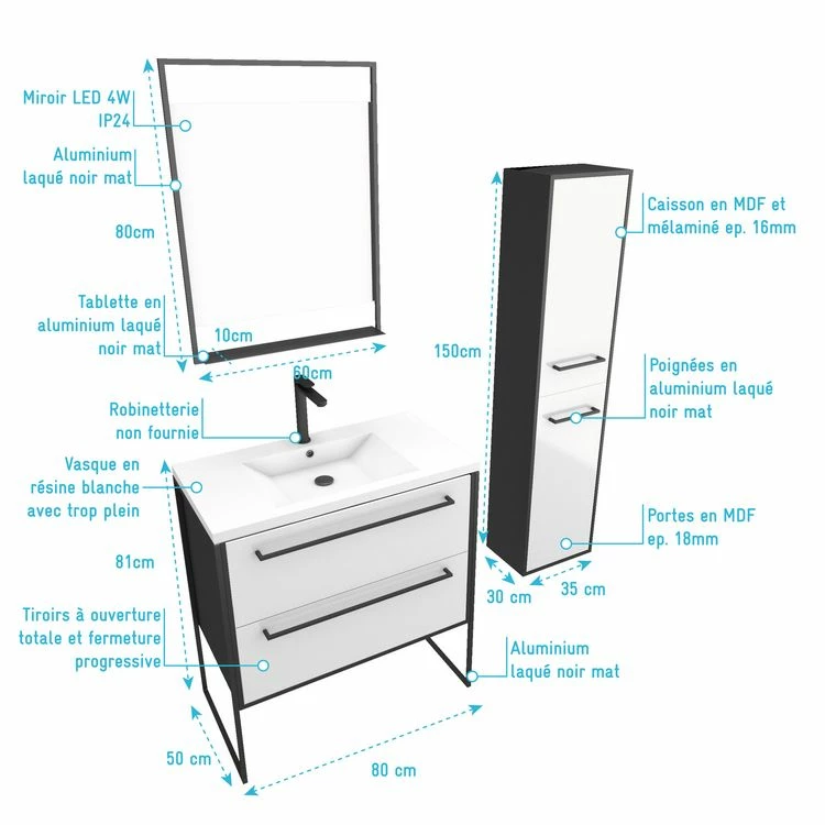 Aurlane Ensemble De Salle De Bain Blanc 80cm+ Vasque Résine Blanche + Tiroirs Blanc Mat + Miroir + Colonne 4 Aurlane Ensemble De Salle De Bain Blanc 80cm+ Vasque Résine Blanche + Tiroirs Blanc Mat + Miroir + Colonne – Image 4